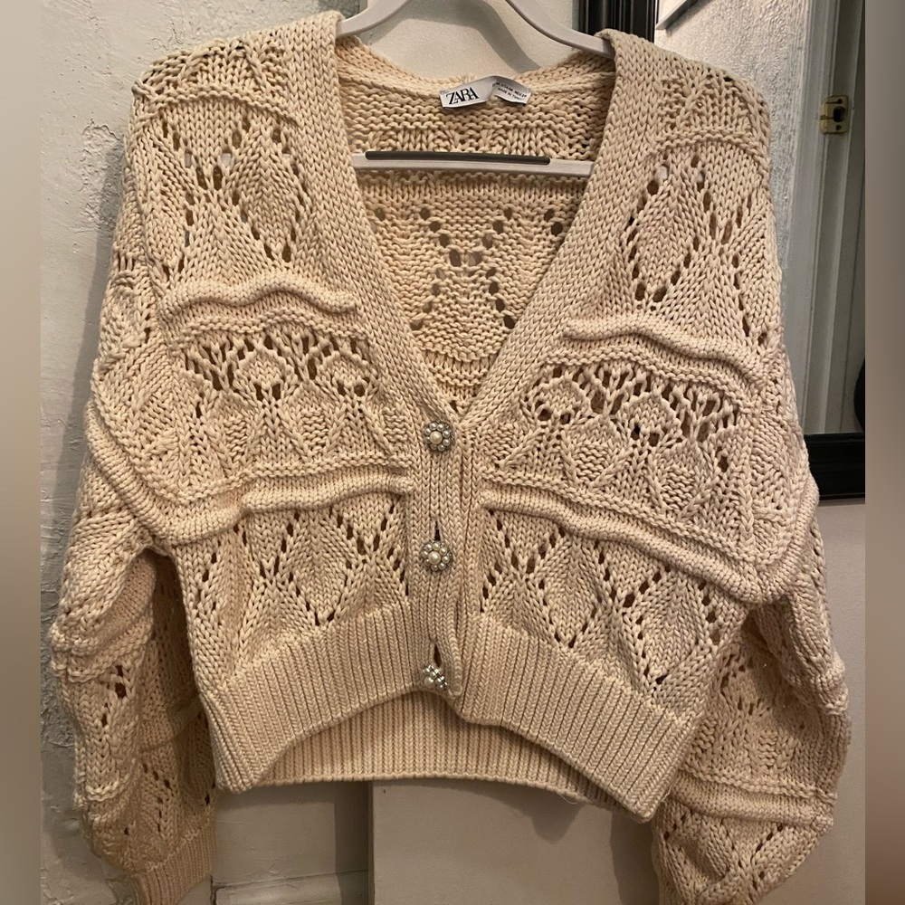 Zara Cream Open-Knit V-Neck Button Cardigan